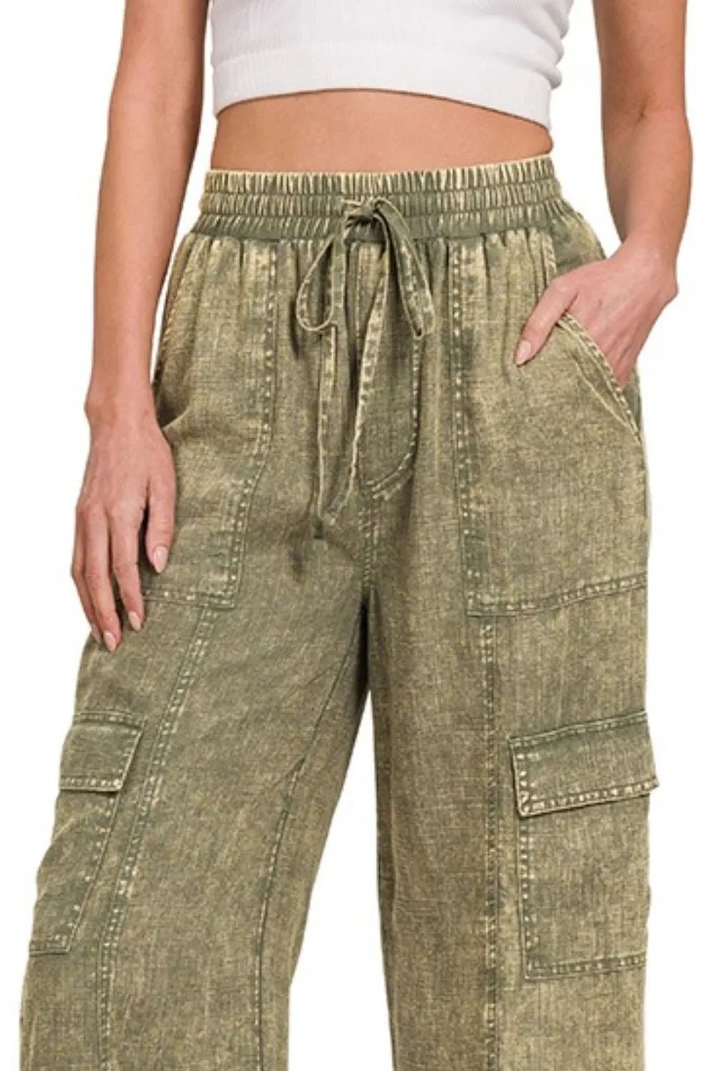 Zenana Washed Linen Elastic Band Waist Cargo Pants - Bela Fils BoutiqueBela Fils Boutique